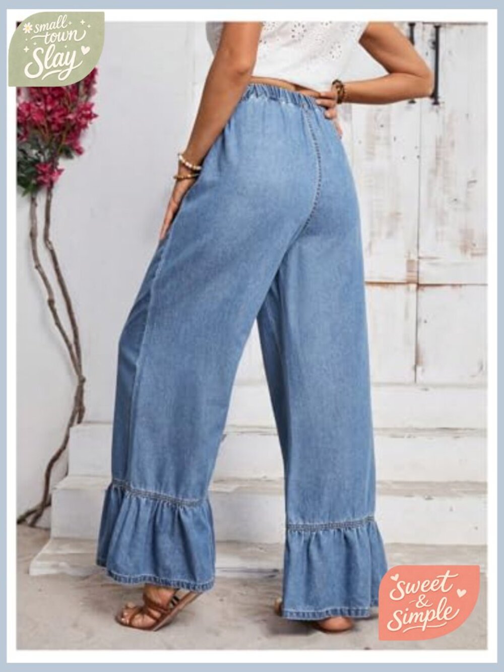 High Waist Wide Leg Ruffled Hem Baggy Jeans Denim Pants - Picture 2 of 6